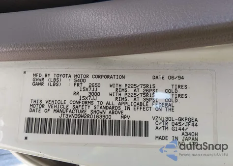 1994 Toyota 4Runner Vn39 Sr5 из США, поврежденный, VIN JT3VN39W2R0163900